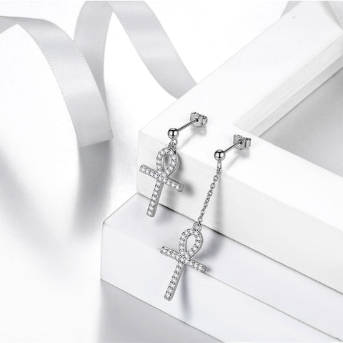 Boucles d'oreilles asymétriques Ankh Cross pour femmes et hommes, bijoux en argent sterling