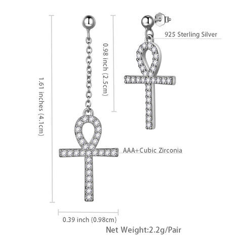 Boucles d'oreilles asymétriques Ankh Cross pour femmes et hommes, bijoux en argent sterling
