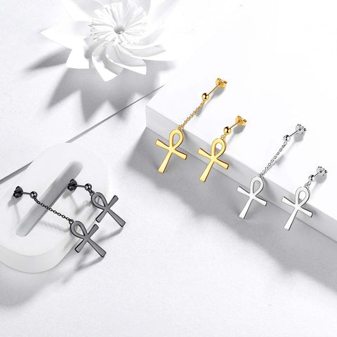 Boucles d'oreilles asymétriques Ankh Cross pour femmes et hommes, bijoux en argent sterling