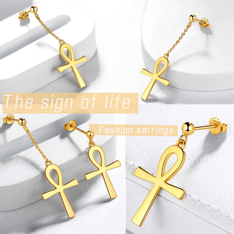 Boucles d'oreilles asymétriques Ankh Cross pour femmes et hommes, bijoux en argent sterling