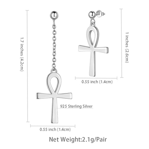 Boucles d'oreilles asymétriques Ankh Cross pour femmes et hommes, bijoux en argent sterling