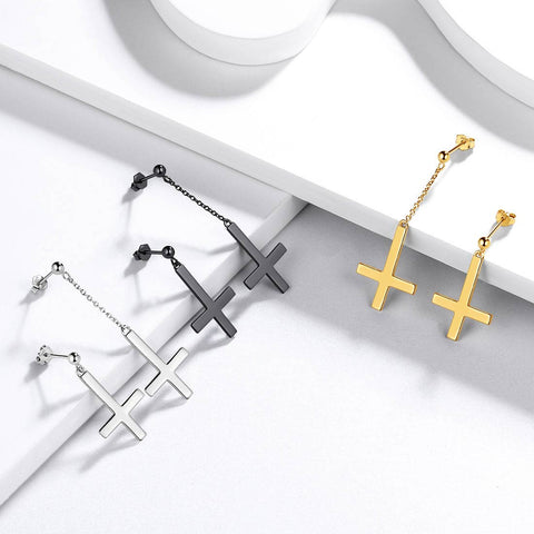 Asymmetry Upside Down Cross Earrings Stud Dangle Women Mens Jewelry