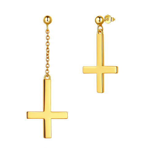 Asymmetry Upside Down Cross Earrings Stud Dangle Women Mens Jewelry