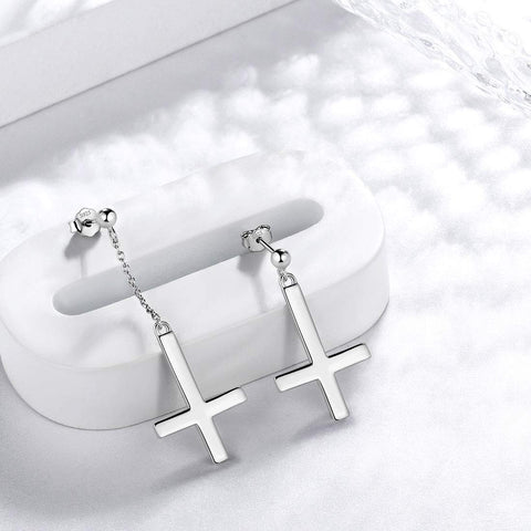 Asymmetry Upside Down Cross Earrings Stud Dangle Women Mens Jewelry