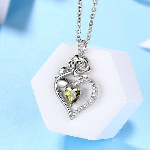 Collar de peridoto de agosto para mujer, colgante de piedra natal de corazón, joyería de rosas y flores, regalos de cumpleaños