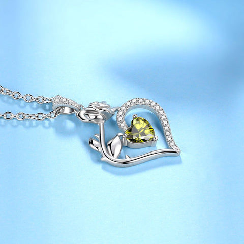 Collar de peridoto de agosto para mujer, colgante de piedra natal de corazón, joyería de rosas y flores, regalos de cumpleaños