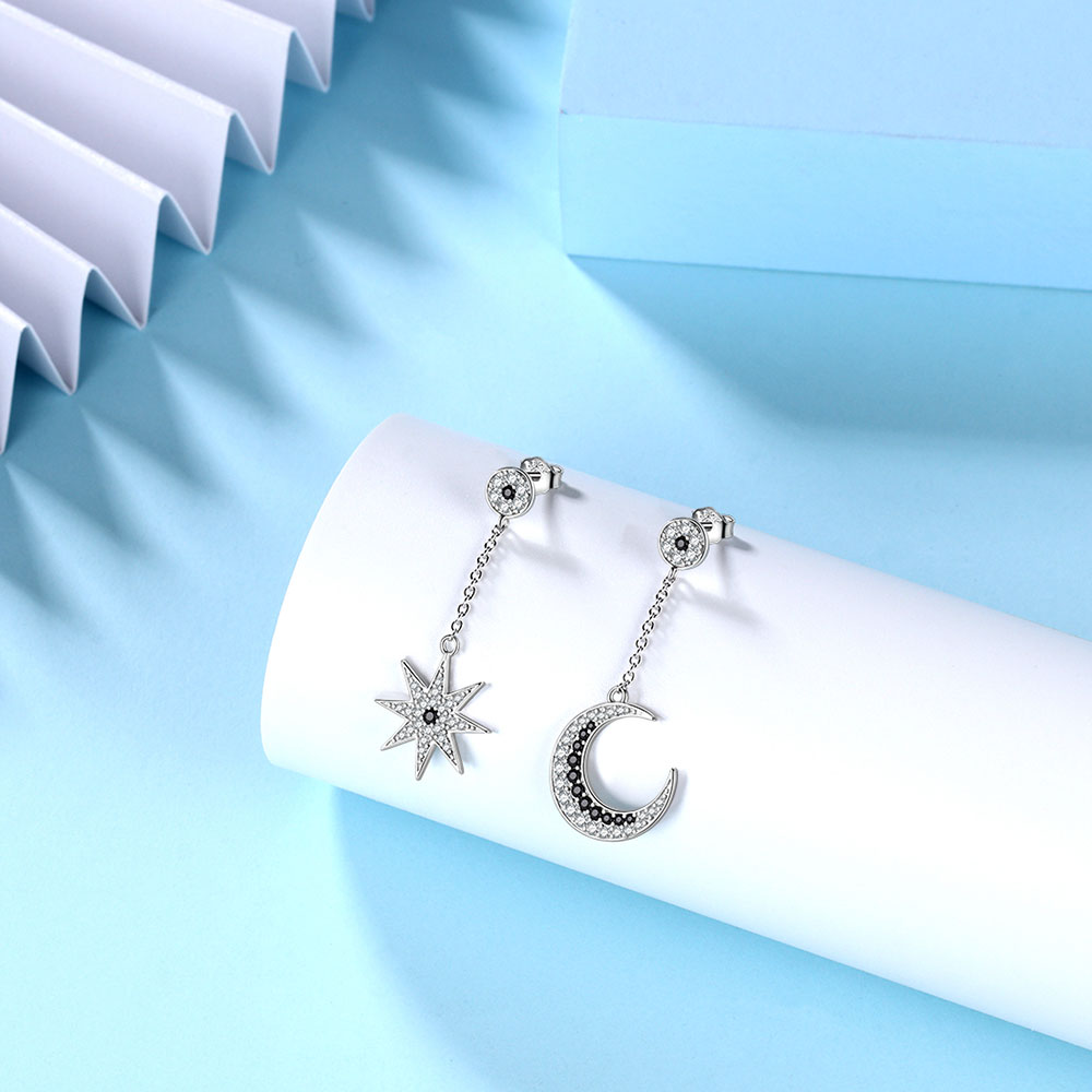 Asymmetric Celestial Moon & Star Dangle Earrings 925 Sterling Silver - Earrings - Aurora Tears