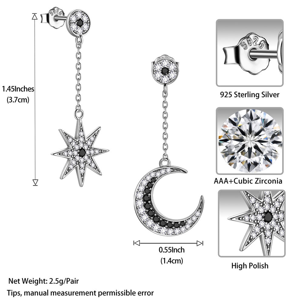 Asymmetric Celestial Moon & Star Dangle Earrings 925 Sterling Silver - Earrings - Aurora Tears
