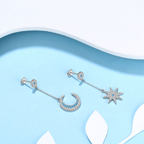 Asymmetric Celestial Moon & Star Dangle Earrings 925 Sterling Silver - Earrings - Aurora Tears