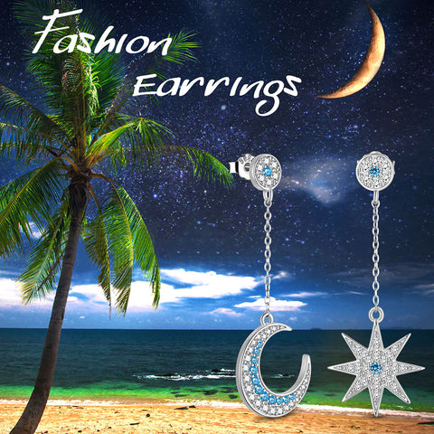 Asymmetric Celestial Moon & Star Dangle Earrings 925 Sterling Silver - Earrings - Aurora Tears