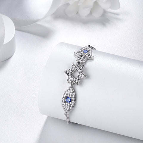 Blue Evil Eye Bracelets 925 Sterling Silver Hamsa Fatima Hand Stars of David Bracelet Women Girl Amulet Jewelry