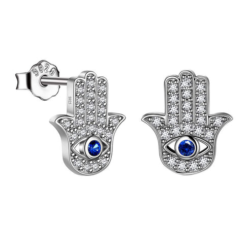 Blue Evil Eye Earrings Stud Women Girls Protection Jewelry Hamsa Hand of Fatima 925 Sterling Silver  - Aurora Tears Jewelry