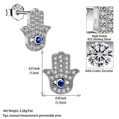 Blue Evil Eye Earrings 925 Sterling Silver Hamsa Hand of Fatima Stud Earrings Women Girls Protection Jewelry