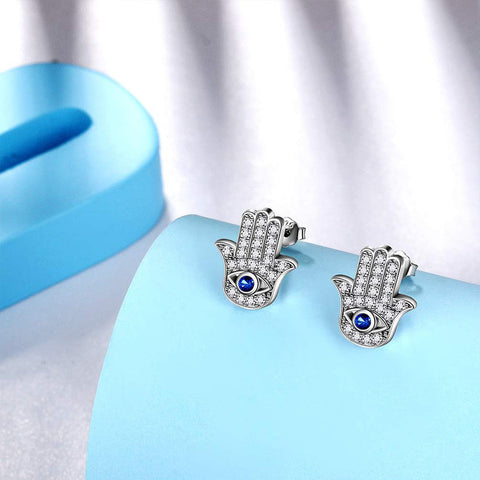 Blue Evil Eye Earrings Stud Women Girls Protection Jewelry Hamsa Hand of Fatima 925 Sterling Silver  - Aurora Tears Jewelry