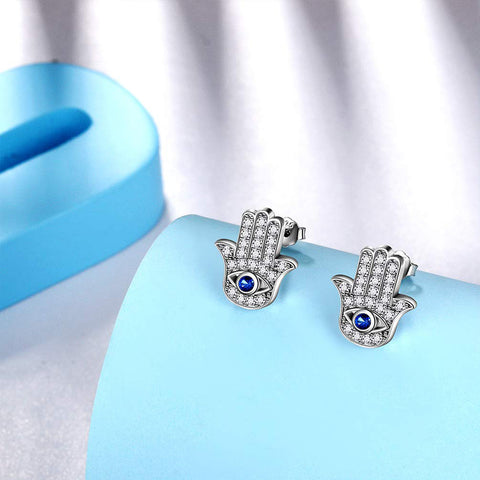 Blue Evil Eye Earrings 925 Sterling Silver Hamsa Hand of Fatima Stud Earrings Women Girls Protection Jewelry