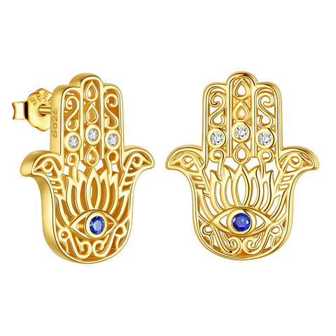 Blue Evil Eye Earrings Men Women Jewelry Lotus Fatima Hamsa Hand Stud Earrings 925 Sterling Silver  - Aurora Tears Jewelry