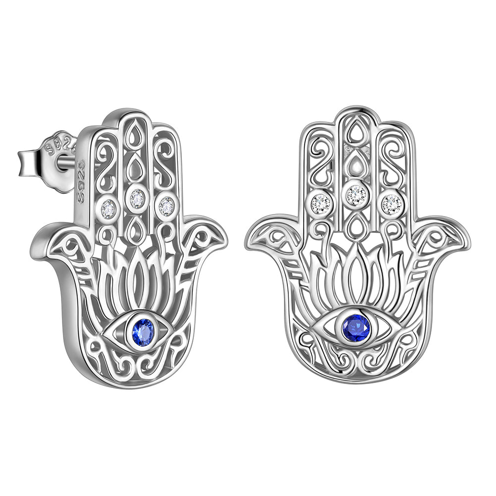 Blue Evil Eye Earrings Men Women Jewelry Lotus Fatima Hamsa Hand Stud Earrings 925 Sterling Silver  - Aurora Tears Jewelry