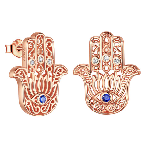 Blue Evil Eye Earrings Men Women Jewelry Lotus Fatima Hamsa Hand Stud Earrings 925 Sterling Silver  - Aurora Tears Jewelry