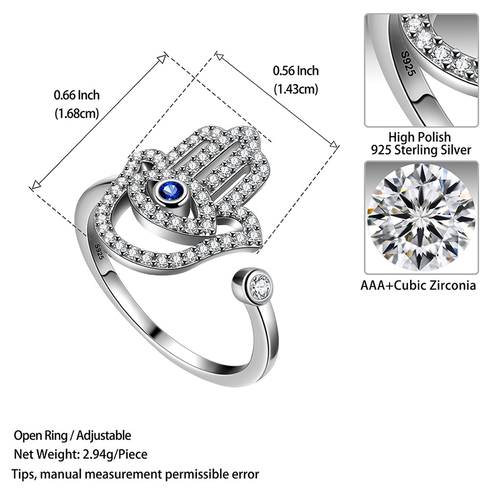 Blue Evil Eye Ring Women Girl Amulet Jewelry Hamsa Hand of Fatima Ring 925 Sterling Silver  - Aurora Tears Jewelry