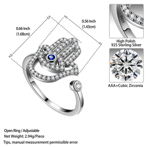 Blue Evil Eye Ring 925 Sterling Silver Hamsa Hand of Fatima Ring Women Girl Amulet Jewelry