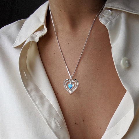 Women Blue Heart Necklace March Birthstone Pendant Aquamarine Girls Jewelry Birthday Gifts 925 Sterling Silver - Aurora Tears Jewelry