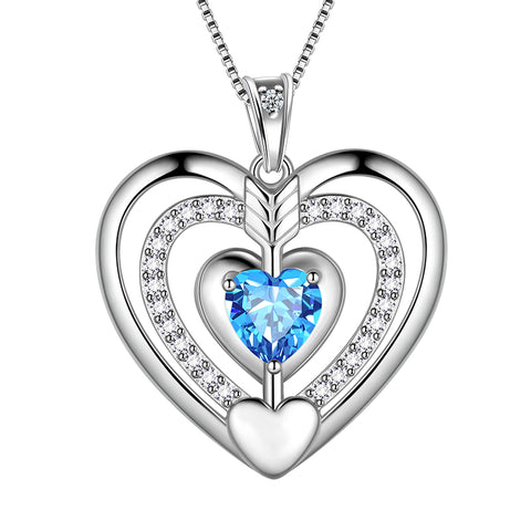 Blue Heart Necklace March Birthstone Pendant Aquamarine 925 Sterling Silver Women Girls Birthday Gifts