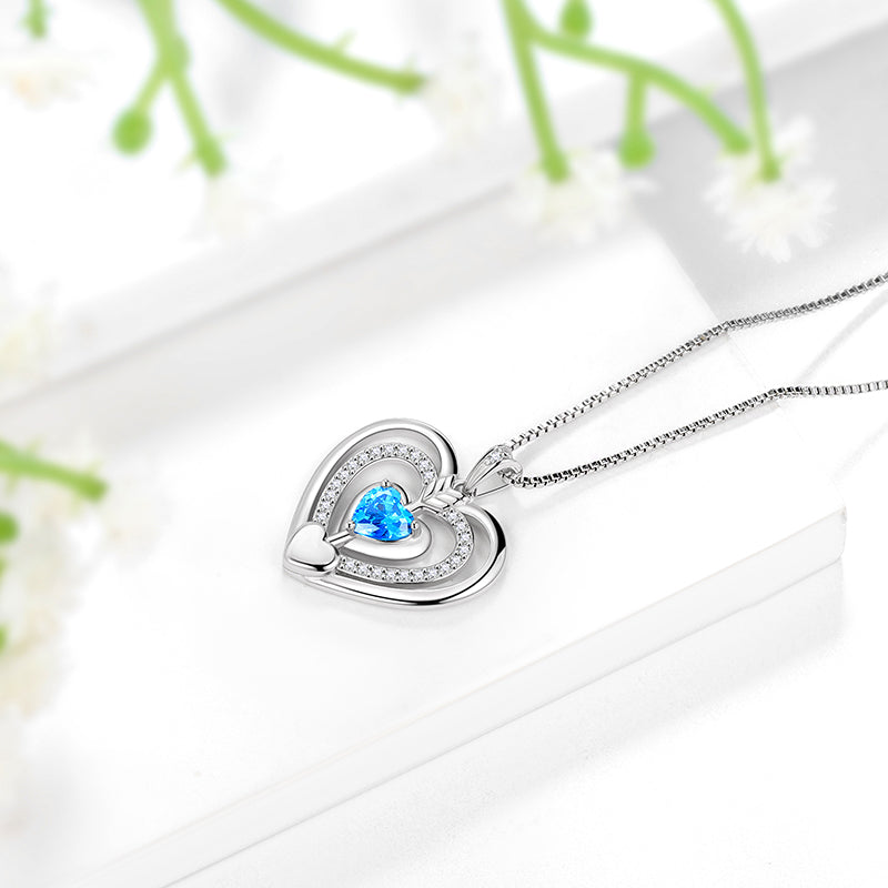 Women Blue Heart Necklace March Birthstone Pendant Aquamarine Girls Jewelry Birthday Gifts 925 Sterling Silver - Aurora Tears Jewelry