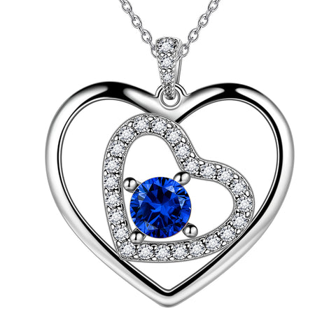 Women Blue Heart Necklace September Birthstone Pendant Sapphire Girls Jewelry Birthday Gifts 925 Sterling Silver - Aurora Tears Jewelry