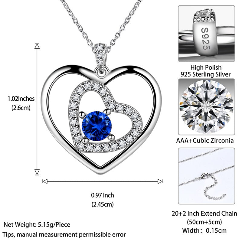 Women Blue Heart Necklace September Birthstone Pendant Sapphire Girls Jewelry Birthday Gifts 925 Sterling Silver - Aurora Tears Jewelry