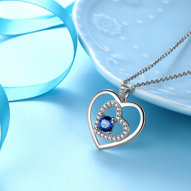 Women Blue Heart Necklace September Birthstone Pendant Sapphire Girls Jewelry Birthday Gifts 925 Sterling Silver - Aurora Tears Jewelry