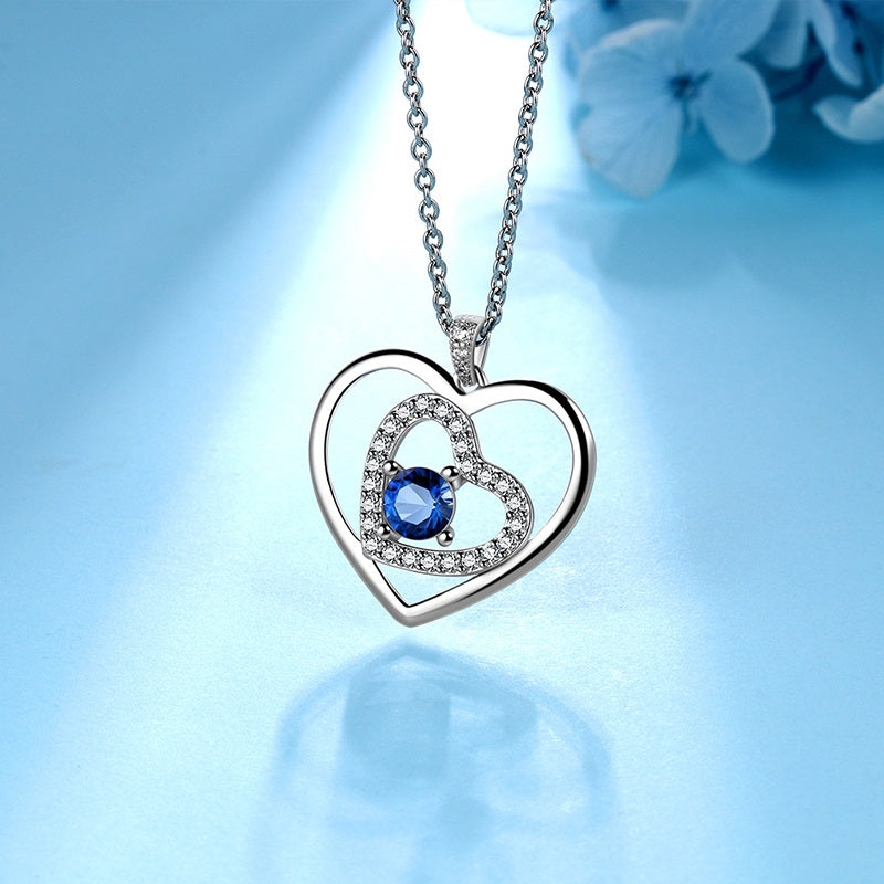 Women Blue Heart Necklace September Birthstone Pendant Sapphire Girls Jewelry Birthday Gifts 925 Sterling Silver - Aurora Tears Jewelry