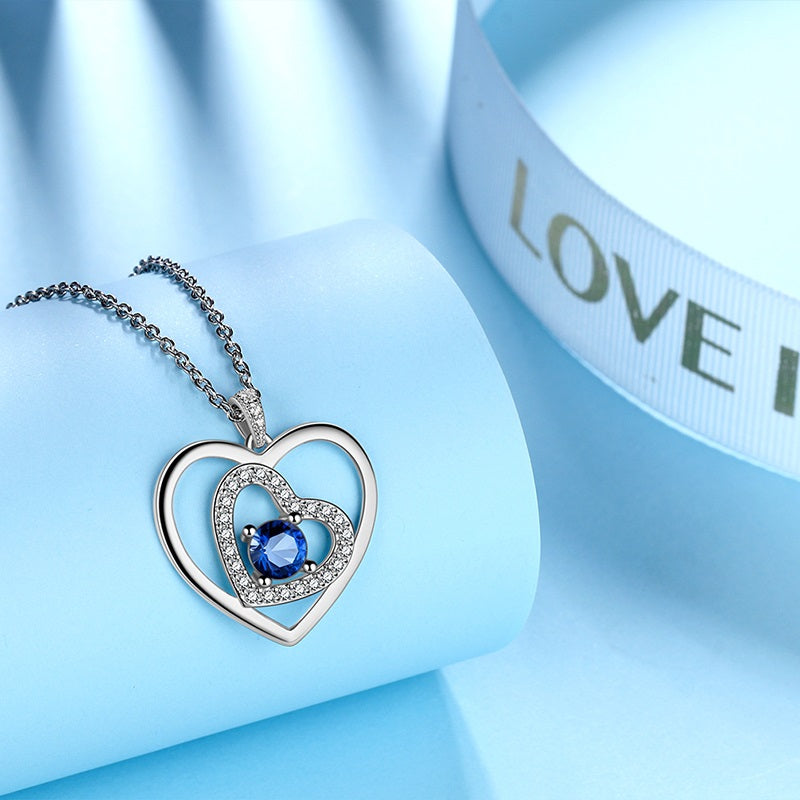 Women Blue Heart Necklace September Birthstone Pendant Sapphire Girls Jewelry Birthday Gifts 925 Sterling Silver - Aurora Tears Jewelry