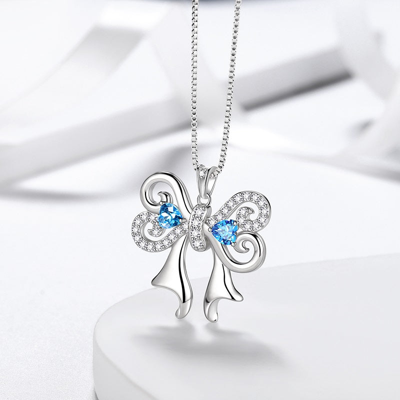 Women Bow Ribbon Necklace March Birthstone Pendant Blue Crystal Girls Jewelry Birthday Gifts 925 Sterling Silver - Aurora Tears Jewelry
