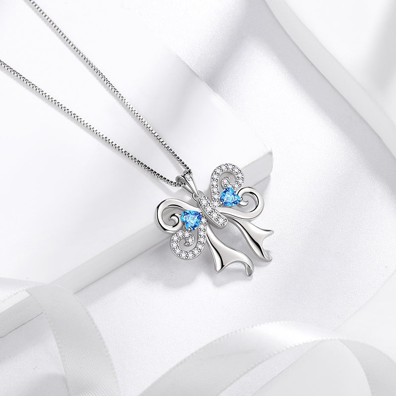 Women Bow Ribbon Necklace March Birthstone Pendant Blue Crystal Girls Jewelry Birthday Gifts 925 Sterling Silver - Aurora Tears Jewelry