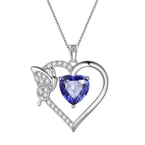 Heart Necklace Birthstone Butterfly Pendant Sterling Silver Jewelry Women Girls Birthday Gifts - Aurora Tears Jewelry