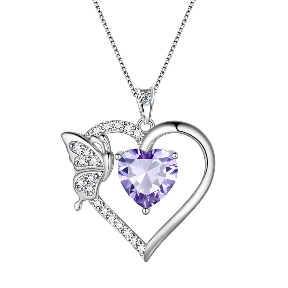 Heart Necklace Birthstone Butterfly Pendant Sterling Silver Jewelry Women Girls Birthday Gifts - Aurora Tears Jewelry