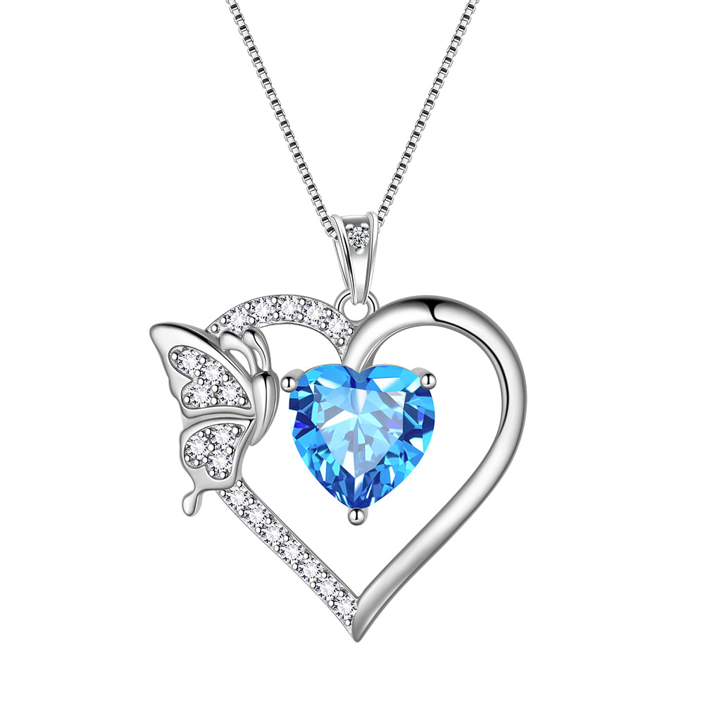 Heart Necklace Birthstone Butterfly Pendant Sterling Silver Jewelry Women Girls Birthday Gifts - Aurora Tears Jewelry