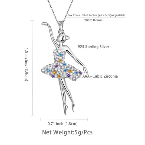 Ballerina Ballet Dancer Pendant Necklace Rainbow Jewelry Women Girls Birthday Gift 925 Sterling Silver