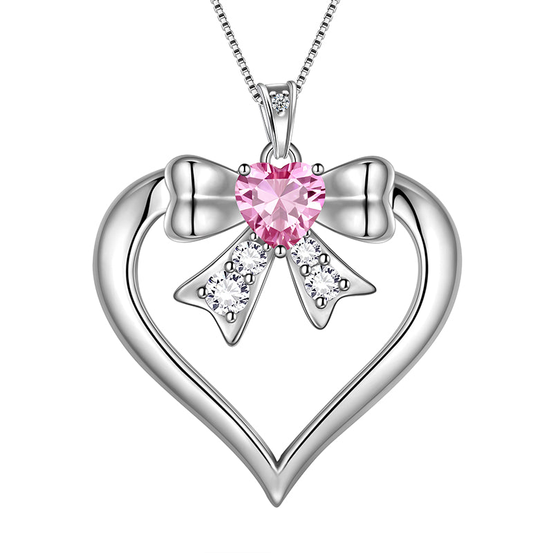 Women Love Heart Bow Necklace October Birthstone Pendant Pink Tourmaline Girls Jewelry Birthday Gifts 925 Sterling Silver - Aurora Tears Jewelry