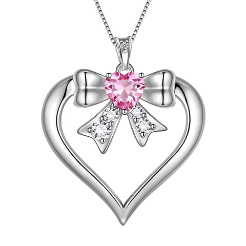Love Heart Bow Necklace October Birthstone Pendant Pink Tourmaline Sterling Silver Women Birthday Gifts