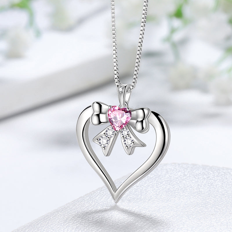 Women Love Heart Bow Necklace October Birthstone Pendant Pink Tourmaline Girls Jewelry Birthday Gifts 925 Sterling Silver - Aurora Tears Jewelry