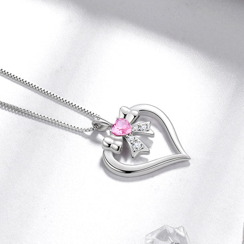 Women Love Heart Bow Necklace October Birthstone Pendant Pink Tourmaline Girls Jewelry Birthday Gifts 925 Sterling Silver - Aurora Tears Jewelry
