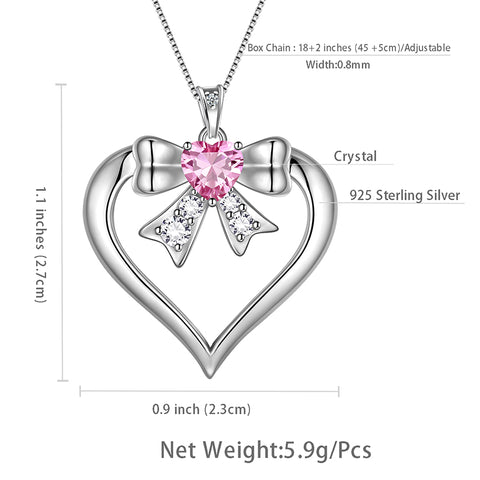 Women Love Heart Bow Necklace October Birthstone Pendant Pink Tourmaline Girls Jewelry Birthday Gifts 925 Sterling Silver - Aurora Tears Jewelry