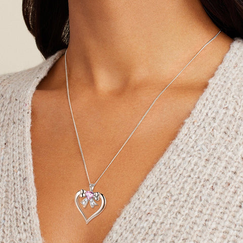Love Heart Bow Necklace October Birthstone Pendant Pink Tourmaline Sterling Silver Women Birthday Gifts