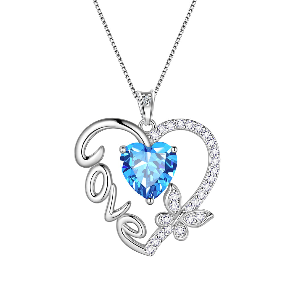 Love Heart Necklace Butterfly Birthstone Pendant Sterling Silver Jewelry Women Girls Birthday Gifts - Aurora Tears Jewelry