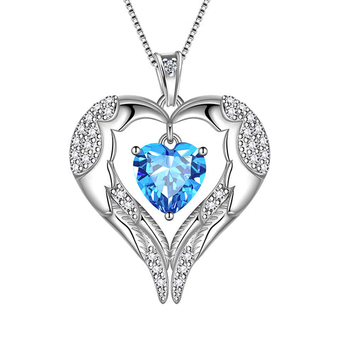 Love Heart Wings Necklace March Birthstone Pendant Aquamarine 925 Sterling Silver Girls Birthday Gifts