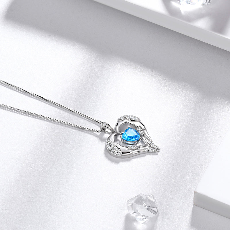 Women Love Heart Wings Necklace March Birthstone Pendant Aquamarine Girls Jewelry Birthday Gifts 925 Sterling Silver - Aurora Tears Jewelry