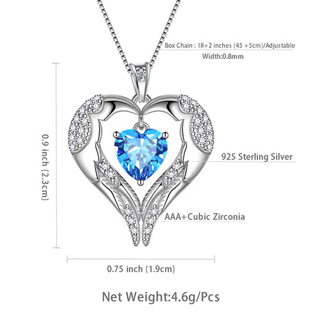 Women Love Heart Wings Necklace March Birthstone Pendant Aquamarine Girls Jewelry Birthday Gifts 925 Sterling Silver - Aurora Tears Jewelry
