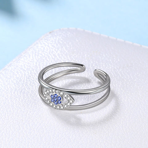 Anillo de protección contra el mal de ojo azul con símbolo de protección para mujer en plata de ley 925