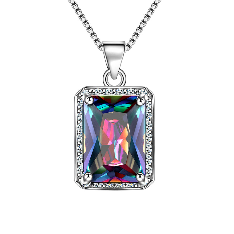 Rectangle Mystic Fire Topaz Necklace Pendant Women Girl Jewelry Gifts 925 Sterling Silver - Aurora Tears Jewelry